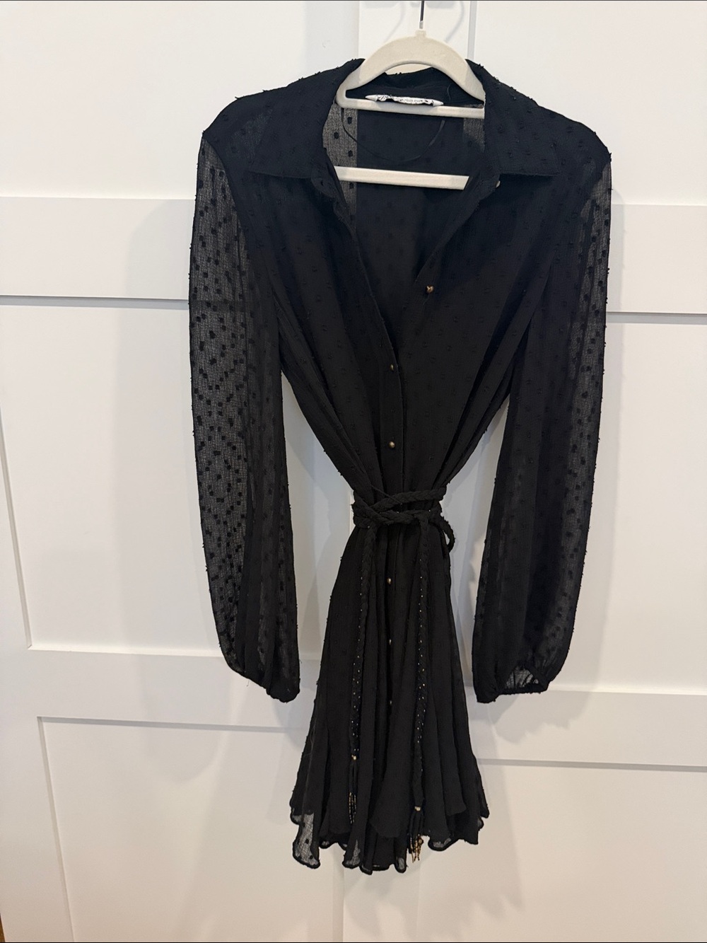 Zara Black Sheer Long-Sleeve Tie-Waist Dress